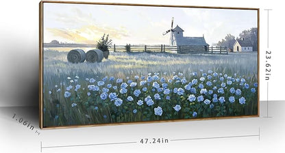 Large Framed Modern Canvas Wall Art, Natural Rural Farm Print Picture, Blue Windmill Flower Field Landscape Art Decor For Living Room, Bedroom, Dining Room, And Kitchen. 48X24 Inches.