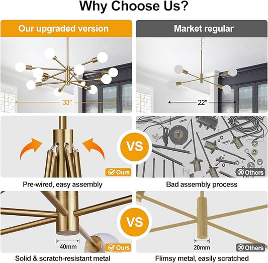 10.9"-52.3" Height Adjustable Sputnik Chandeliers Dining Room Light Fixture (12-Light, 33-Inch), Modern Brushed Brass Chandelier, Mid Century Modern Chandeliers for Dining Room (Bulbs not Included)
