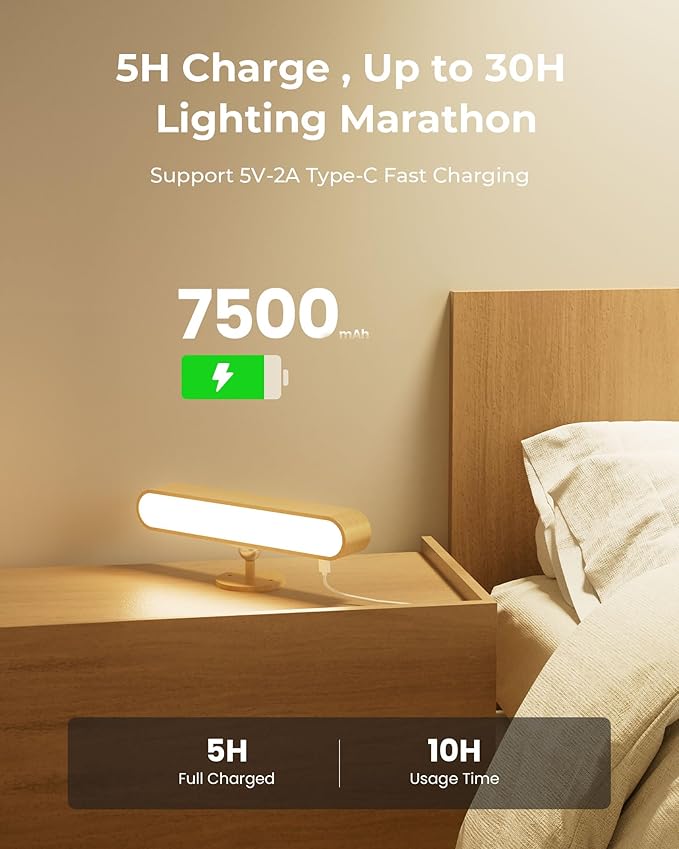 PopoIron 7500 mAh Rechargeable Wood Wall Sconce for Bedroom, LED Wall Light with Remote Control and Touch, 360° Magnetic Rotation, 3 Colours, Dimmable Wooden LED Wall Lamp with 15 RGB Colors,1 Pack