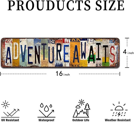 Adventure Awaits Vintage Metal Tin Sign - Rustic Inspirational Wall Art for Home, Office, Cabin, Travel Décor - 4x16 Inch
