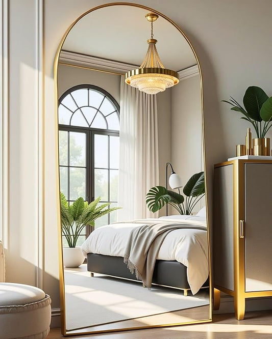 DMWOODFL 71"x26" Arched Full-Length Mirror with Explosion-Proof HD Glass - Oversized Floor or Wall-Mounted Full Body Mirror for Bedroom, Living Room, and Cloakroom (Gold)