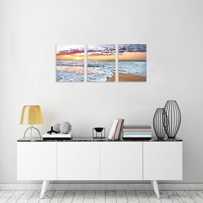 TutuBeer 3 Panels Beach Home Beach Decor for Home Beach Decorations White Beach Sunrise with Deep Blue Sky Beach Pictures of the Beach Kitchen Decor Beach Decorations for Home Decor 12" x 16" x 3