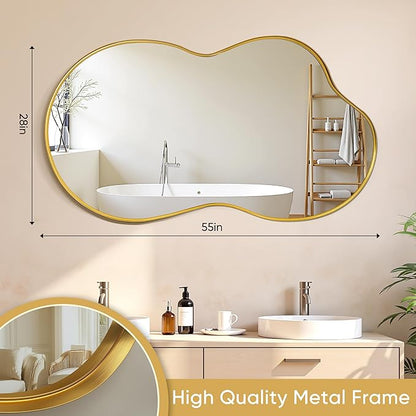 Suidia Irregular Wall Mirror, 55"x28" Bathroom Mirror Asymmetrical Mirrors Artistic Mirrors Decorative for Living Room Bedroom Bathroom Hallway Entryway, Gold, Cloud Style