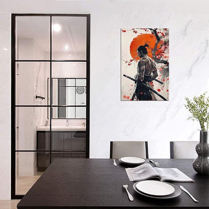 Japan Warrior Wall Art Armored Samurai Painting Canvas Prints Asian Cherry Blossom Picture Modern Watercolor Painting for Bedroom Living Room Office Home Decoration Framed (28''W x 44''H)