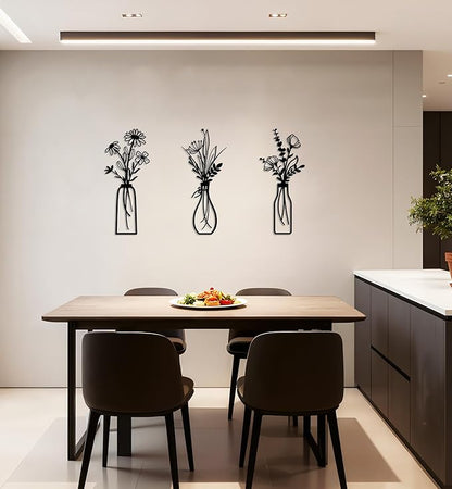 ZIYOGIFT 3 Pieces Black Metal Flowers Wall Art, Bathroom Kitchen Bedroom Wrought Iron Decor, Modern Sculpture Hanging for Living Laundry Dining Room Farmhouse Home Office Apartment, Housewarming Gifts