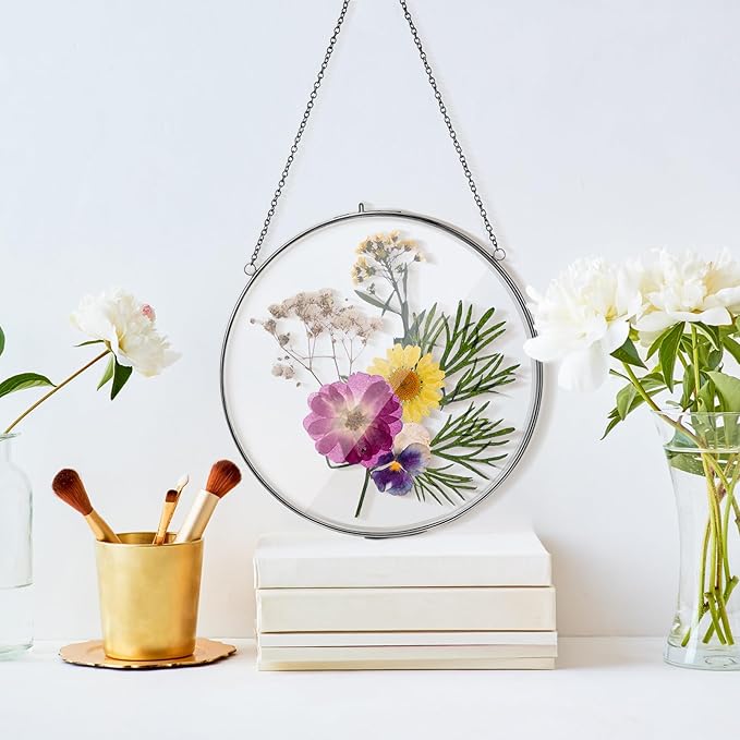 Qunclay 4 Pcs Double Glass Frame for Pressed Flowers Round Hanging Herbarium Floating Flower Press Frame Clear DIY Vintage Artwork Display holder(8 Inch,Black)