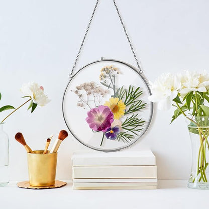 Qunclay 4 Pcs Double Glass Frame for Pressed Flowers Round Hanging Herbarium Floating Flower Press Frame Clear DIY Vintage Artwork Display holder(8 Inch,Black)