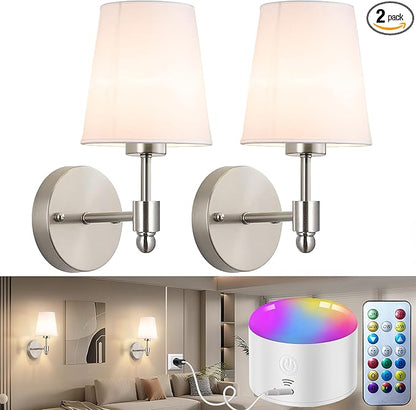 YHCDLAMP Battery Operated Wall Sconces Set of Two, Rechargeable Wireless Wall Lights with 10000mAh RGB Dimmable Detachable Bulb, Battery Sconces Wall Decor with Remote for Bedroom Living Room Hallway