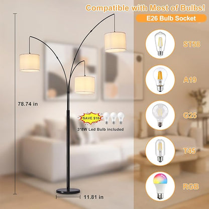 DLLT Modern Floor Lamp for Room: 3-Light Black Tree Dimmable Floor Lamps with White Shades for Living Room - Arc Standing Lamp for Bedroom - Tall Floor Lamp for Office Corner 3 LED Bulbs Included
