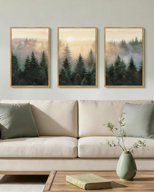 Drsoum Green Fog Pine Tree Landscape Wall Art Framed Nature Misty Nordic Forests Prints Morden Farmhouse Rustic Artwork Hallway Bedroom Ready to Hang 16x24in Natural Framed