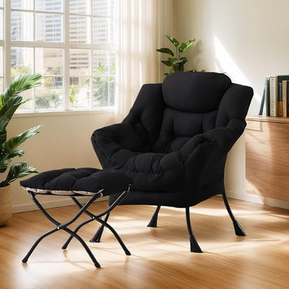 Lazy Chair with Ottoman, Large Black Accent Chair with Ottoman, Comfy Reading Armchair, Leisure Sofa Chair for Living Room, Bedroom, Dorm Room, Office