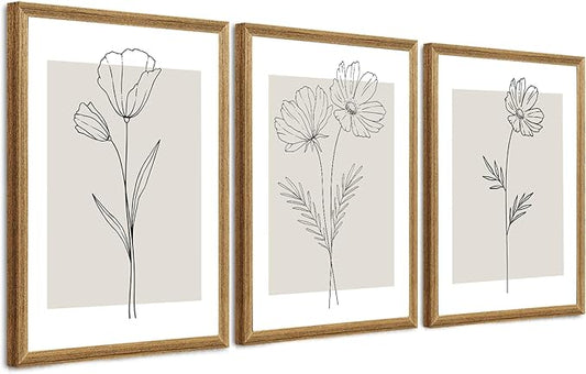 ICHZUMW Neutral Botanical Floral Wall Art, Black and White Farmhouse Flowers Wall Decor, Modern Minimalist Line Art Canvas Prints, Beige Artwork, Living Room Bedroom Home Office, Set of 3, 20x30in