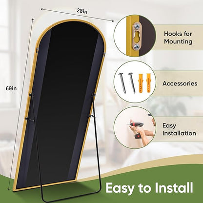 Full Length Mirror, 69"x28" Arched Full Body Mirror, Floor Mirrors with Stand, Body Mirrors Standing Hanging Leaning Against Wall,Aluminum Frame Mirrors for Bedroom Cloakroom,Living Room,Gold