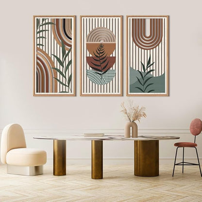IARTTOP Framed Boho Mid-century Modern Wood Wall Art 16x32 Inch Large Bohemian Abstract Geometric Wooden Wall Decor Minimalist Brown Green Plant Decor for Bedroom Living Room Dining room Set of 3