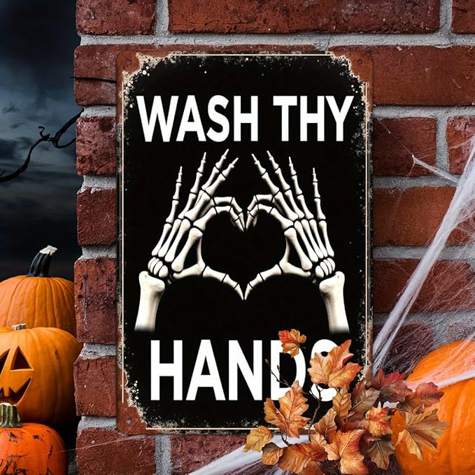 Wash Thy Hands Skeleton Metal Tin Sign Halloween Decor Vintage Wall Art Rustic Bathroom Kitchen Entryway Home Decorative Signs Metal Poster 8x12 Inch
