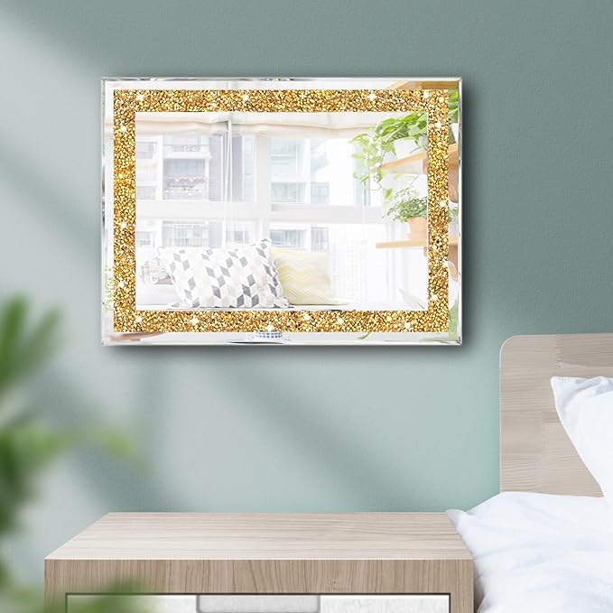 ZOLAPI 2PCS Crystal Rhinestone Diamond Wall Mirror.Brilliant Hand-Spliced Glass Mirror.Gold Accent Decorative Mirror for Hallway/Bathroom/Bedroom（11”x15”）