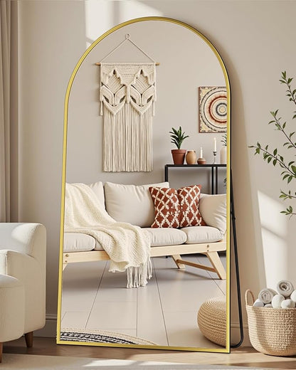 Full Length Mirror with Stand, 76"x44" Arched Full Body Mirror, Large Stand Up Mirrors, Aluminum Frame Floor Standing Mirrors, Freestanding Hanging Leaning Mounted for Bedroom Living Room, Gold