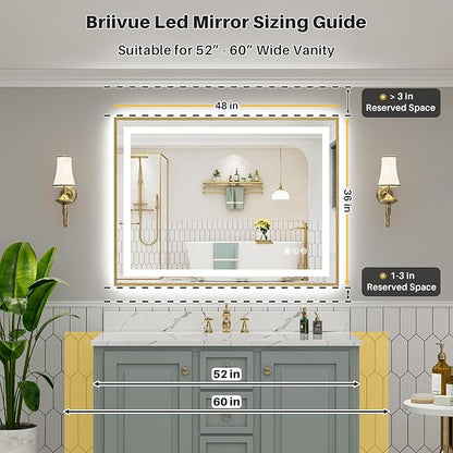 48x36 Inch LED Bathroom Mirror with Gold Frame, Backlit & Front Lit, Anti-Fog Lighted Bathroom Vanity Mirror for Wall, Memory Function, Dimmable, HD Tempered Glass, Shatter-Proof