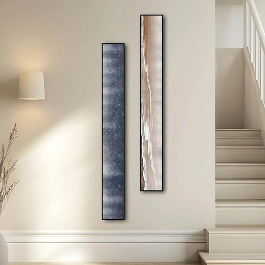 Large Framed Long Narrow Vertical Abstract Wall Art Set of 2, Premium Crystal Porcelain Canvas Prints, Navy Blue Gold Modern Design - Perfect for Entryway, Hallway, Living Room, Bedroom - 63x10 inch