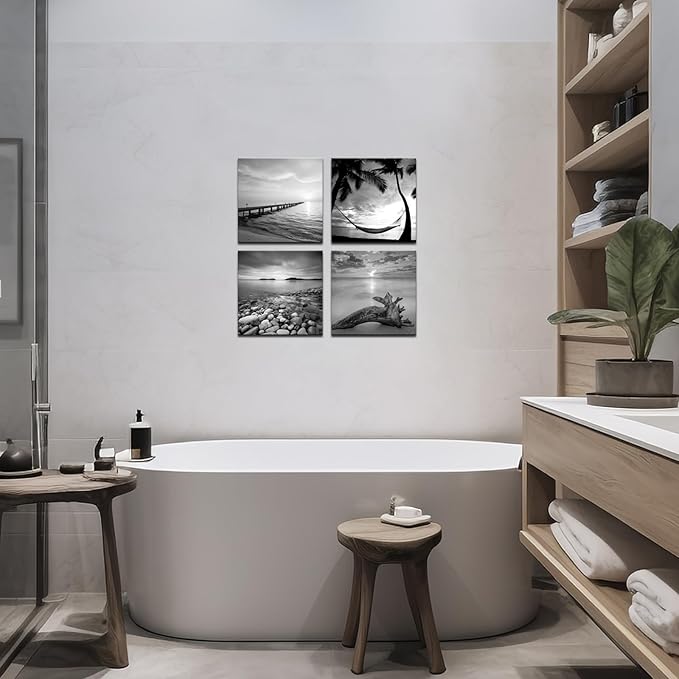 sechars - Black and White Beach Wall Art Seascape Painting Sunrise Scenery Picture Giclee Canvas Print Framed for Living Room Bedroom Bathroom Home Office Wall Decoration