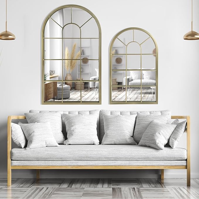 HQiJun Wall Mirror Window Decorative Mirrors Arched Farmhouse for Living Room Bedroom Entryway Bathroom Vanity (Gold, 41.3" x 24" x 1")