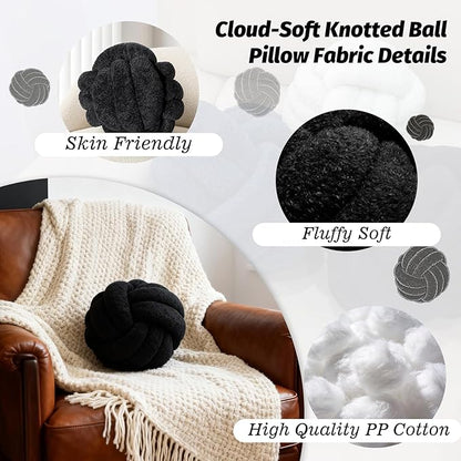 Knot Pillow Ball Plush - Decorative Throw Pillows for Bed Relieve Stress, Round Knot Cushion for Sofa Decor Pet Toy, Black 12 inch