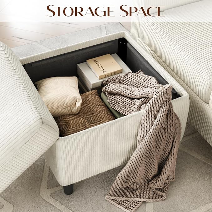 Convertible Sectional Couches for Living Room, 3 Seats L Shaped Sofa with Storage Ottoman and 2 Cup Holders, Modern Corduroy Couch Small Sofas for Small Space Apartment Office, Beige