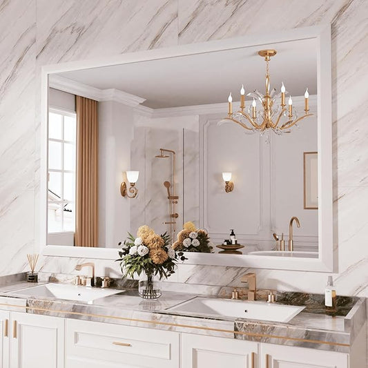 Amorho Bathroom Mirror, 60x40 Inch White Framed Bathroom Mirrors for Over Sink, Wall-Mounted Mirrors for Bedroom, Living Room, Entryway(Horizontal/Vertical).