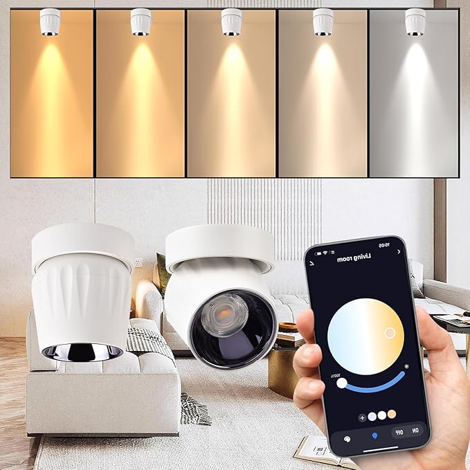 LED Ceiling Spotlight Indoor Dimmable - Tuya Smart Life 360° Adjustable 12W COB Ceiling Downlight Aluminum Hard Wired For Bedrooms Rooms Corridors Painting Background Walls (White, B ( 4.02"*3.62"))