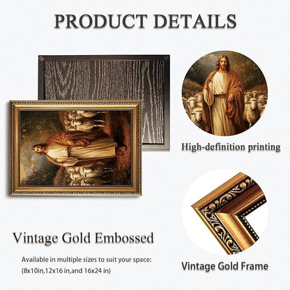 WZGZXU Vintage Gold Framed Wall Art Jesus Wall Decor Christian Canvas Art Jesus Sheep Pictures Religious Painting Print For Living Room Bedroom Church 12X16in