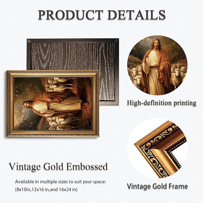 WZGZXU Vintage Gold Framed Wall Art Jesus Wall Decor Christian Canvas Art Jesus Sheep Pictures Religious Painting Print For Living Room Bedroom Church 8x10in