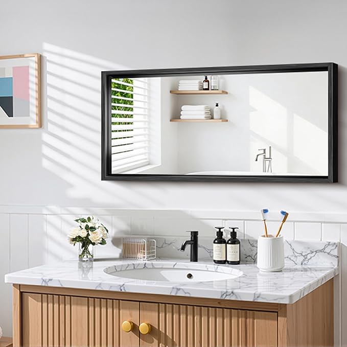 CIRCUMI 20"x40" Brushed Black Mirror with Chunky Box Metal Frame, Bathroom Mirror for Vanity Remodel & New Home, Living Room, Entryway, Rectangular Wall Mirror, Tempered Glass, Vertical or Horizontal