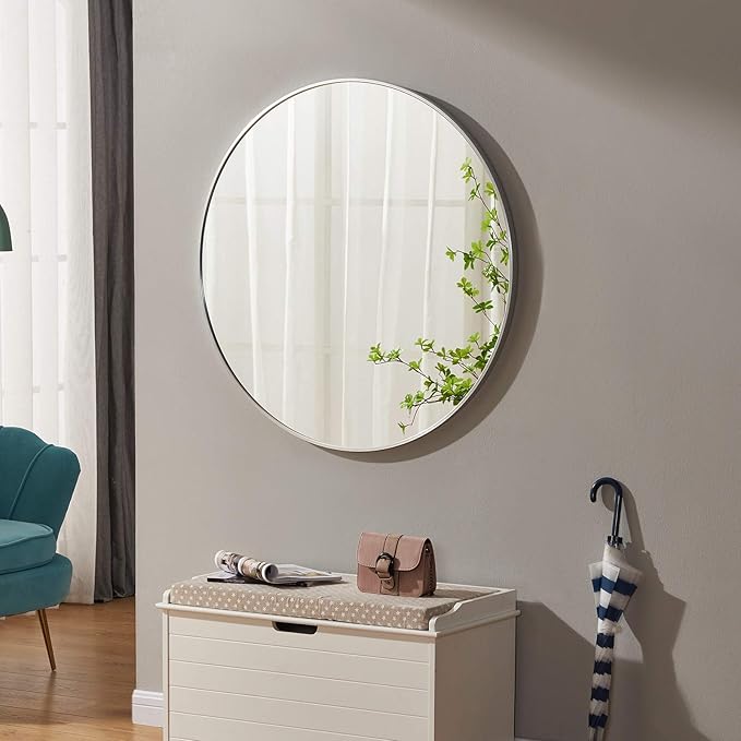 Itrue 36 Inch Round Wall Mirror, Brushed Silver Metal Frame Circle Bathroom Vanity Mirror, Silver-Backed HD Glass Decorative Mirror for Over Sink, Living Room, Bedroom, Entryway