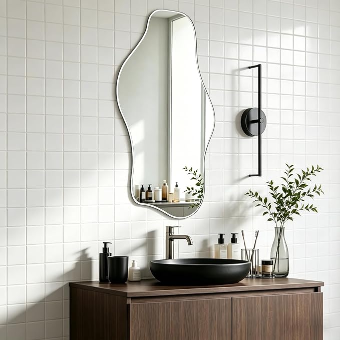 Irregular Frameless Mirror, 35.8"x17.7" Silver Asymmetrical Tempered Glass Mirror, Modern Abstract Wall Mirrors for Living Room Bedroom Hallway Entryway, Horizontal or Vertical Hanging