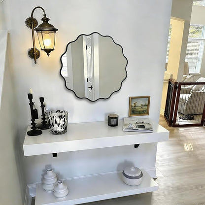 Round Wavy Black Mirror 17" Wall Decorative Mirror Wood Frame Circle Modern Mirror Bathroom Vanity Mirror for Bathroom Entryway Living Room Bedroom Hallway
