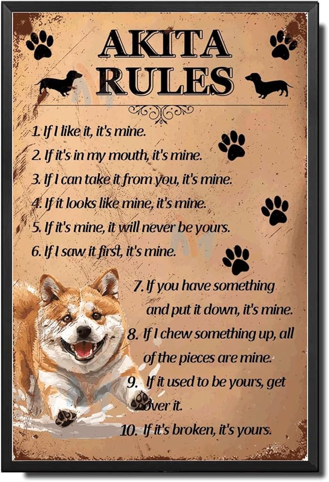 Metal Sign Tin Sign Vintage Wall Art Akita Rules Wall Art for Restaurant 6×8 Inches with Metal Frame