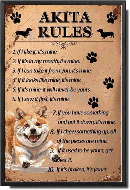 Metal Sign Tin Sign Vintage Wall Art Akita Rules Wall Art for Restaurant 6×8 Inches with Metal Frame