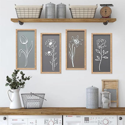 3D Wooden Floral Framed Wall Decor of 4, 7"X16" Farmhouse Vintage Boho Minimalist Flower Wall Art for Living Room, Rustic Retro Moody Vertical Tulip Rose Daisy Daffodil Botanical Wall Sculptures