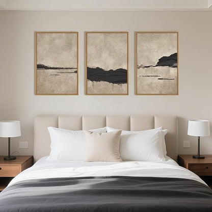 Large Abstract Black and Tan Framed Canvas Wall Art,Vintage Minimalist Wall Decor,Neutral Brush Stroke Artwork,Modern Textured Art Print for Living Room,Bedroom,Office- 24"x36"x3