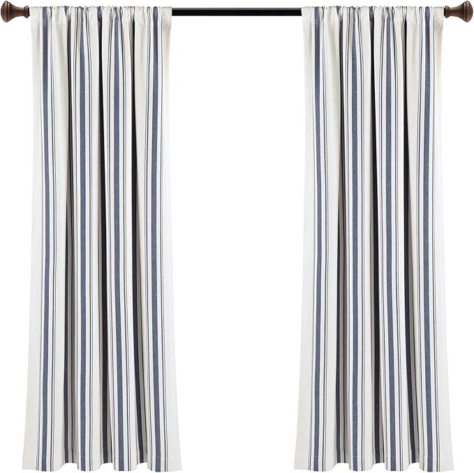 Lush Decor Farmhouse Stripe Yarn Dyed Eco-Friendly Recycled Cotton Window Curtain Panel Pair, 42" W x 63" L, Navy - Classic Modern Rustic Charm - Eco Friendly Cotton Fabric