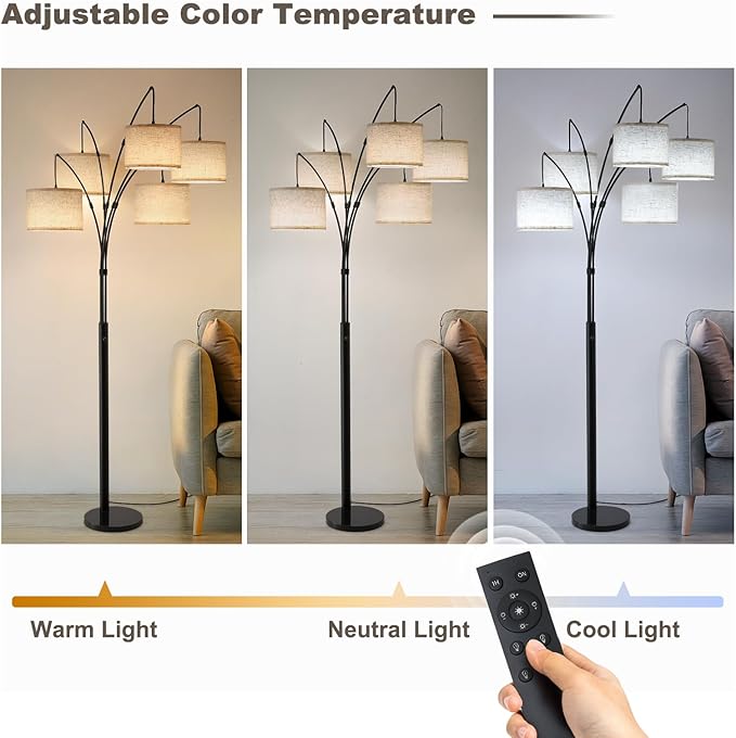 Floor Lamps for Living Room, 4000LM Super Bright Arc Floor Lamp with Remote Control, 5 Light Tall Floor Lamps with Stepless Dimmable, 80" Mid Century Tree Floor Lamp for Bedroom, Office