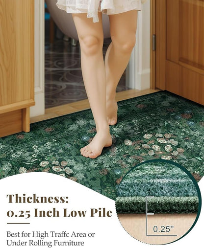 Lunasun Boho Green Long Hallway Runner Rug 2x6 Washable, Farmhouse Floral Botanical Non Skid Kitchen Floor Mat - Vintage Soft Throw Rug for Bathroom, Indoor Entrance, Foyer, Bedroom Bedside, Laundry