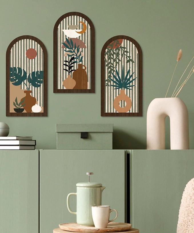Putuo Decor Boho Wall Art, Abstract Botanical Room Decorations with Leaf & Sun Lines, Modern Minimalist Wooden Wall Decor 16x8 In Mid Century Artwork for Living Room Bedroom Office Set of 3