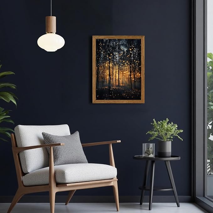 JLTULT Framed Enchanted Forest Firefly Canvas Wall Art, Dark Twilight Landscape Wall Decor, Rustic Botanical Nature Tree Art Prints for Bedroom Living Room Office Decoration 12x16 inch Easy to Hang