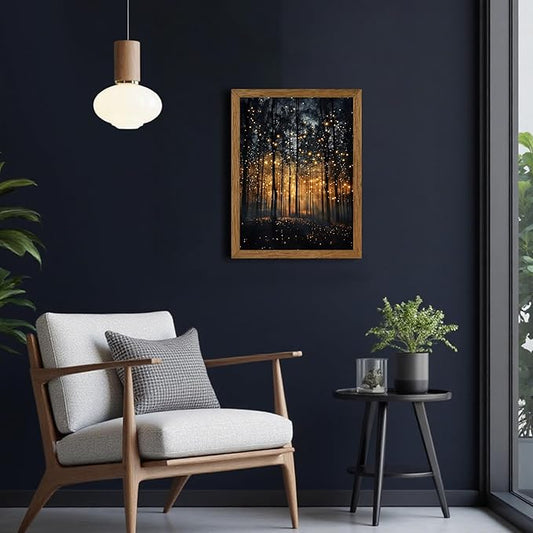 JLTULT Framed Enchanted Forest Firefly Canvas Wall Art, Dark Twilight Landscape Wall Decor, Rustic Botanical Nature Tree Art Prints for Bedroom Living Room Office Decoration 12x16 inch Easy to Hang