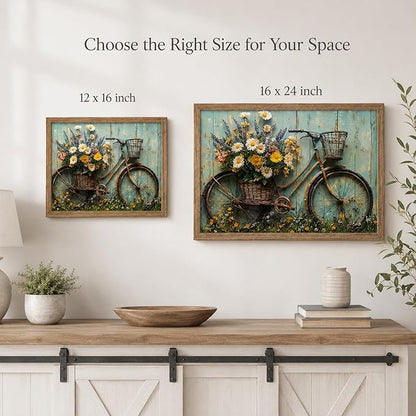 Framed Rustic Farmhouse Daisy Wall art Vintage Bicycle Flowers Painting Picture Wall Decor Flower Still Life Poster Print Artwork for Bathroom Living Room Bedroom Home Decoration