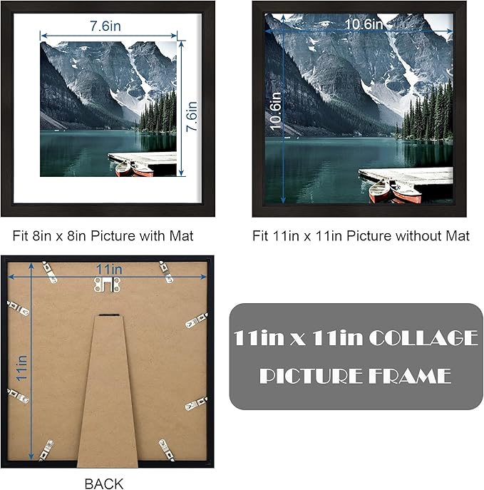 Hongkee 11x11 Black Picture Frame set of 3, Made of Wooden Square Photo frame - Displays 8x8 Picture With Mat or 11 x 11 Without Mat, Desktop and Wall Mounting Collage Frame set