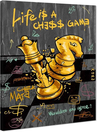 Motivational Wall Art, Abstract Chess Painting Positive Canvas Print LIFE IS A CHESS GAME Quotes Wall Decor Inspirational Poster Black Gold Office Picture Artwork Modern Home Decoration,18"x24" Framed