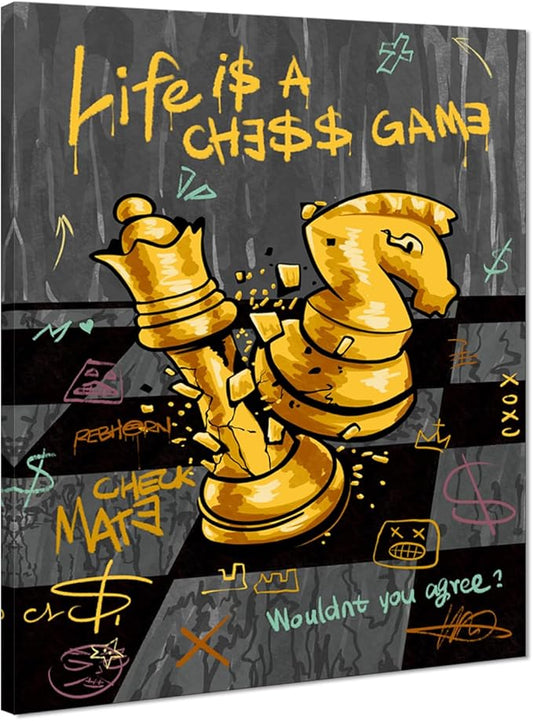 Motivational Wall Art, Abstract Chess Painting Positive Canvas Print LIFE IS A CHESS GAME Quotes Wall Decor Inspirational Poster Black Gold Office Picture Artwork Modern Home Decoration,18"x24" Framed