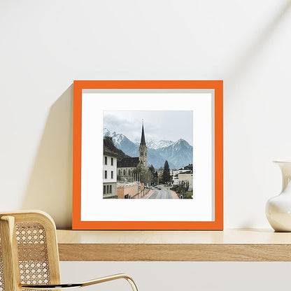 Vittanly 12x12 Picture Frames Set of 9, Shatter Resistant Plexiglass, Display 8x8 Pictures with Mat or 12x12 without Mat, Photo Frames for Wall Mount, Engineered Wood, Orange